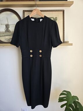 Vintage | Liz Claiborne Pleated Black Midi Dress | Size 2 Petite